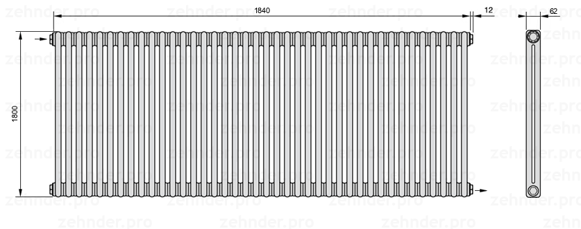 Схема (чертеж) Радиатор Zehnder Charleston 2180/40 №1670 Technoline TL